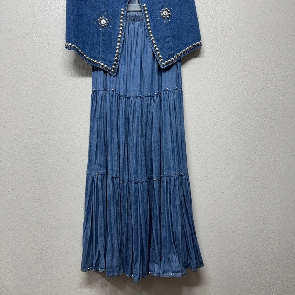 Vintage Embellished Jean Two-Piece Vest and Maxi Skirt Set